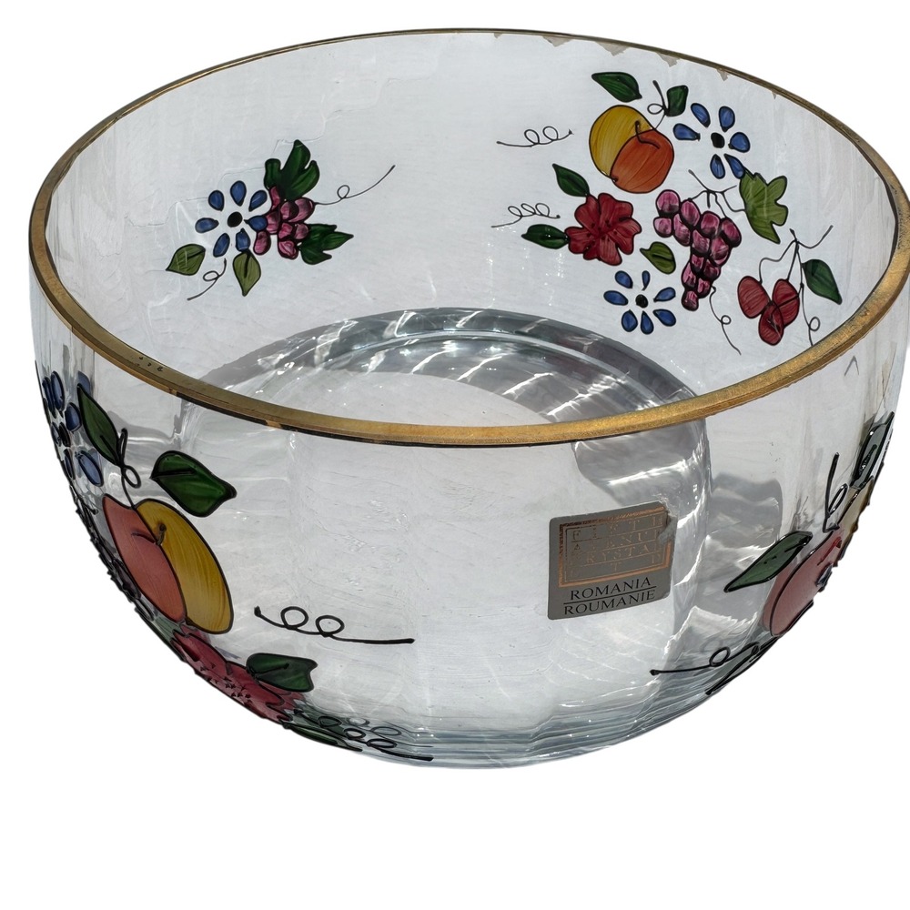 Fifth Ave Crystal 9" Venetian Fruit Bowl Romania 22K‎ Gold Rim Cottagecore Decor